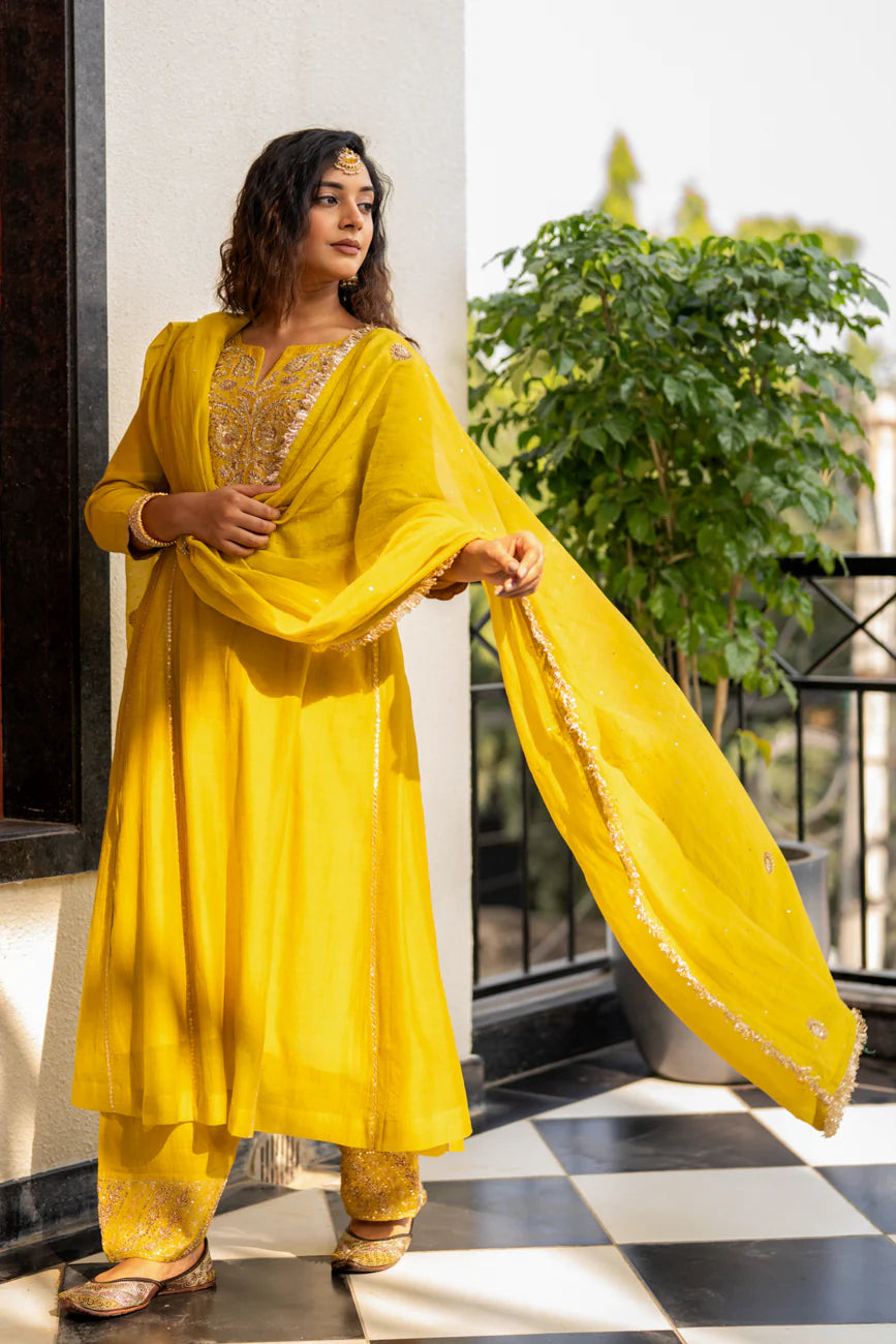 Lime mustard A-line Kurta Set