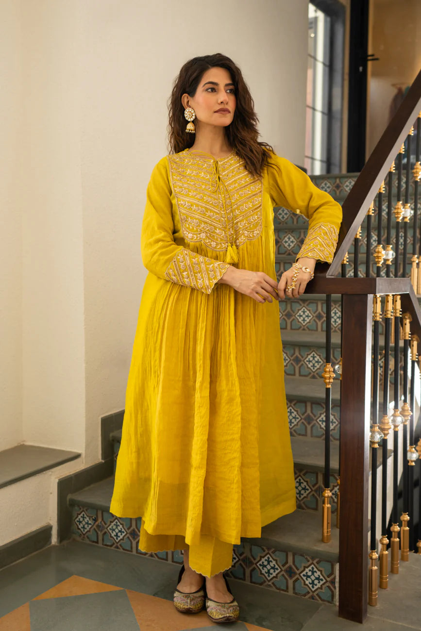 Lime mustard Tissue centre gathered A-line Kurta Set