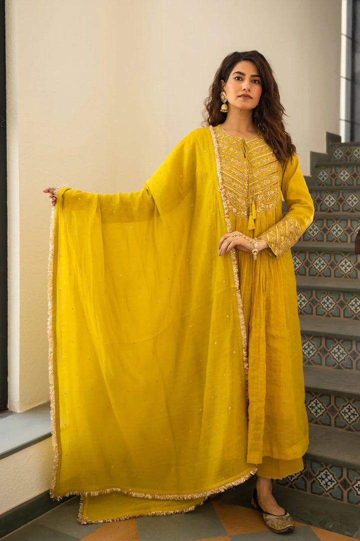 Lime mustard Tissue centre gathered A-line Kurta Set