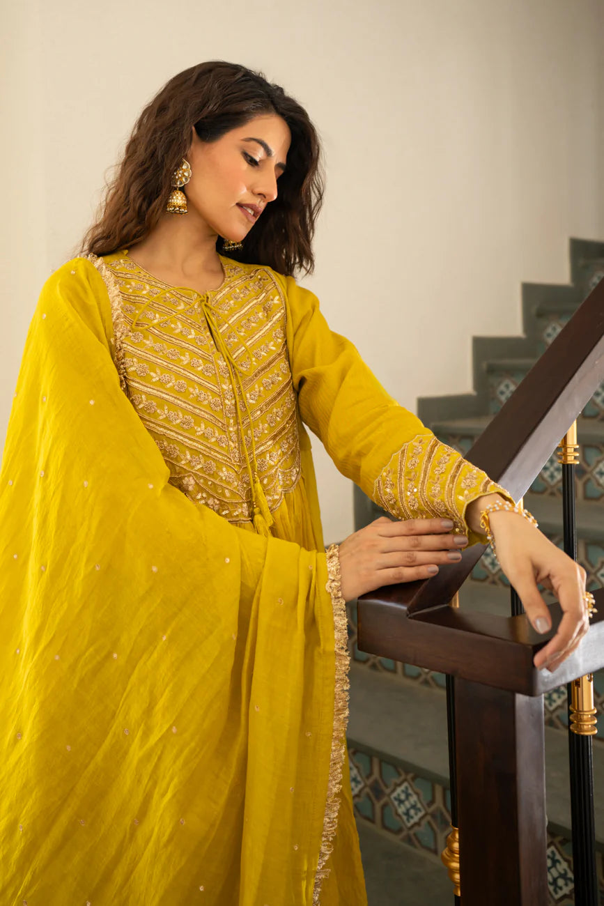 Lime mustard Tissue centre gathered A-line Kurta Set