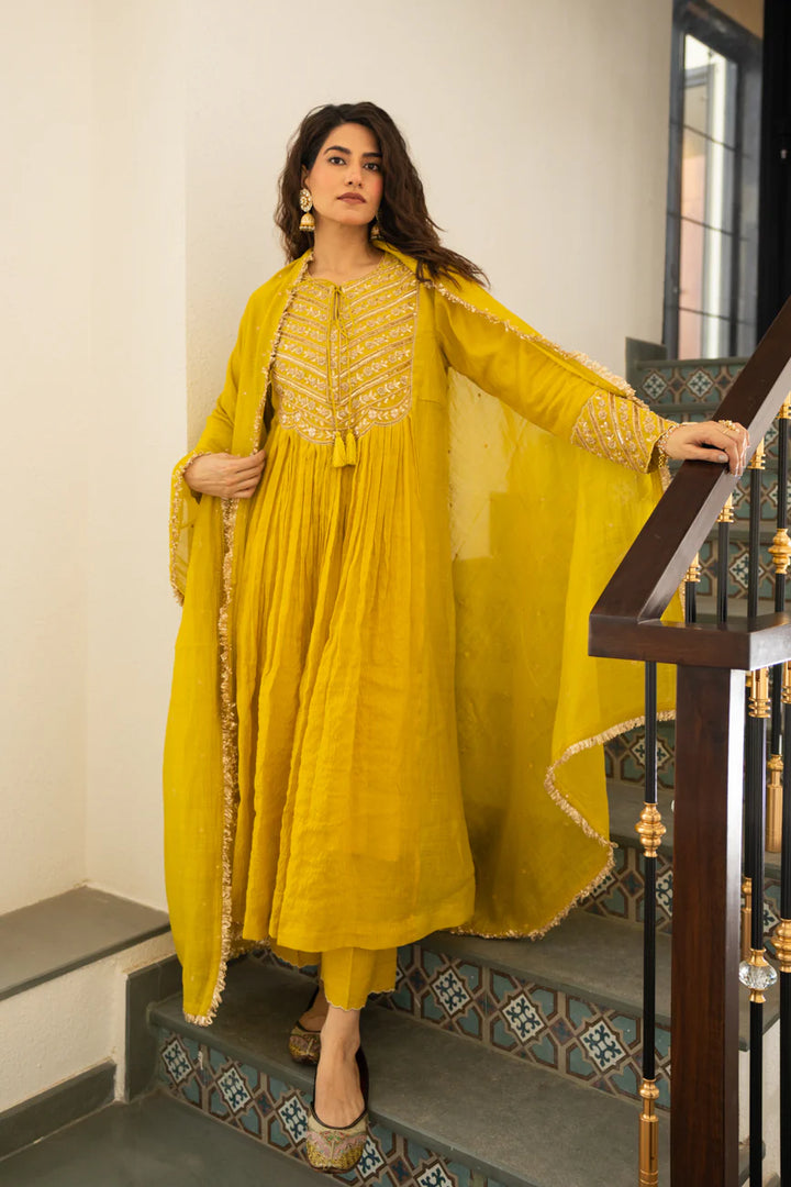 Lime mustard Tissue centre gathered A-line Kurta Set
