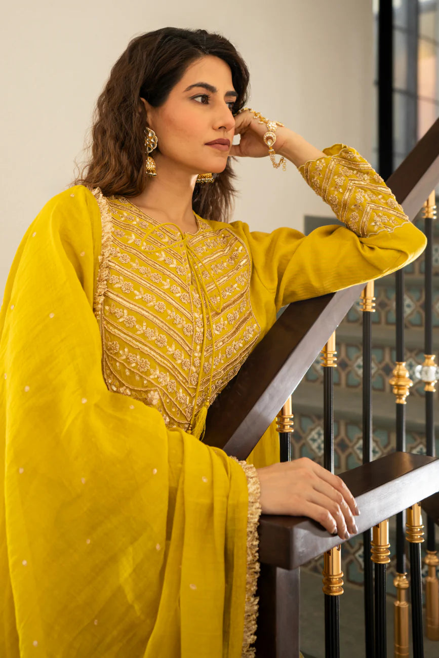 Lime mustard Tissue centre gathered A-line Kurta Set