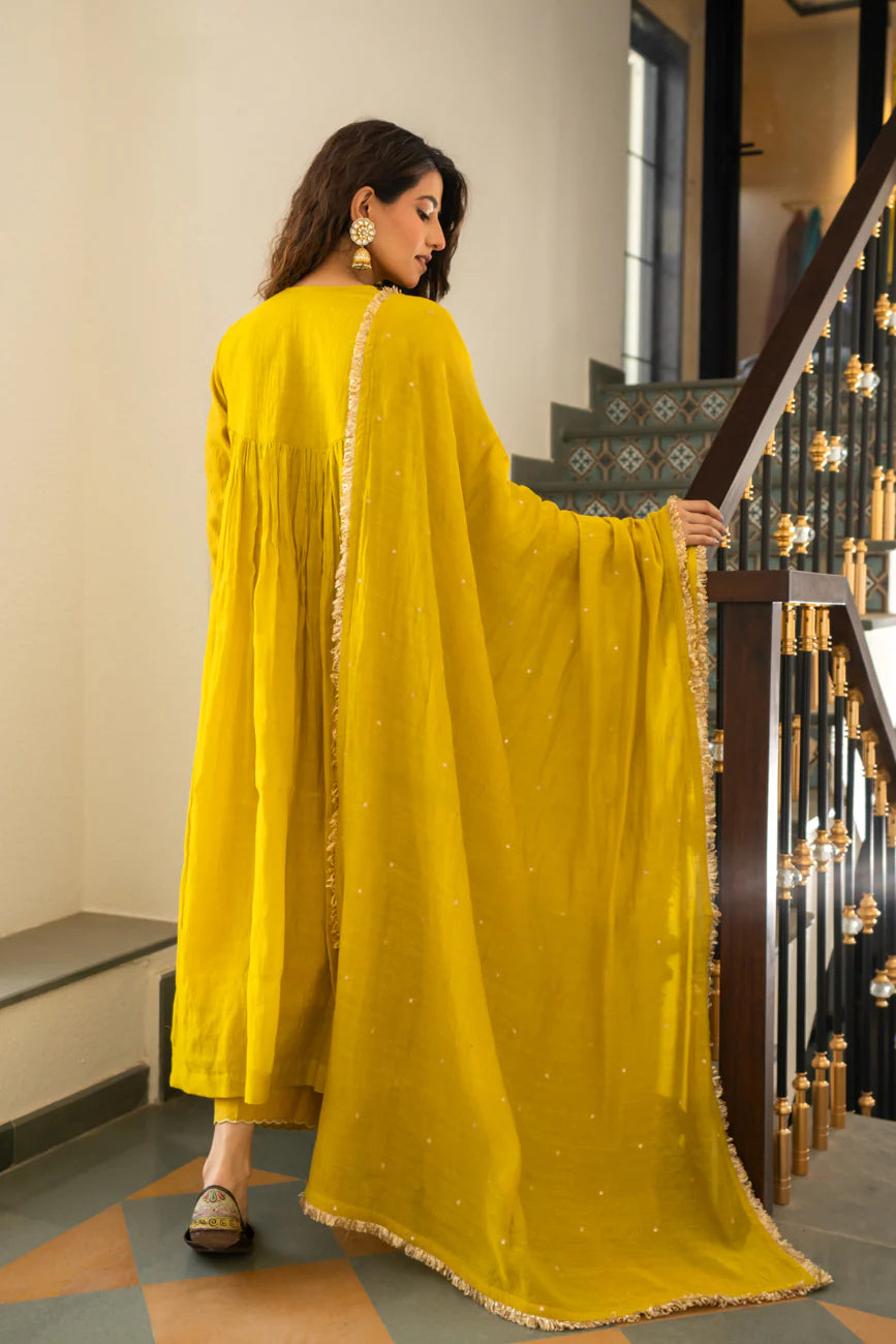 Lime mustard Tissue centre gathered A-line Kurta Set