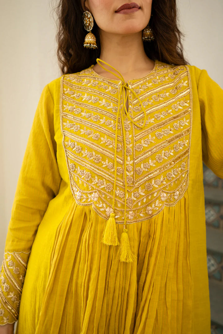 Lime mustard Tissue centre gathered A-line Kurta Set