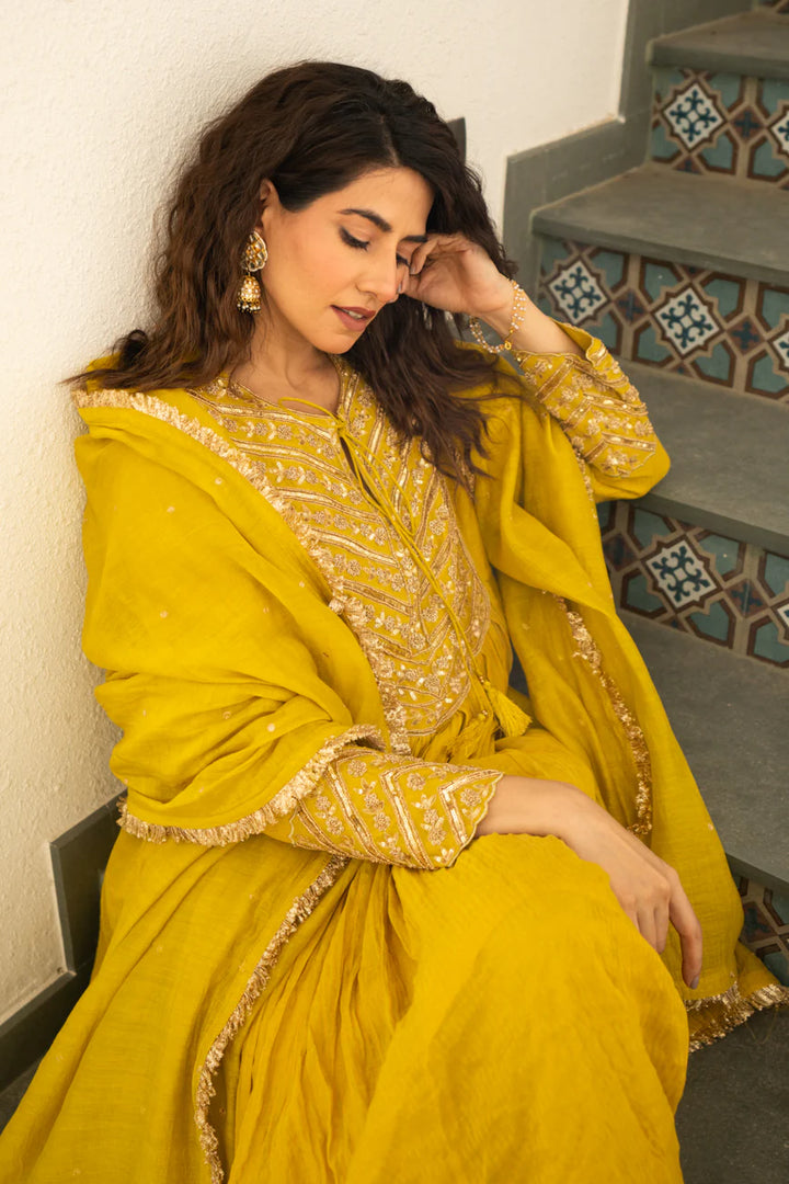 Lime mustard Tissue centre gathered A-line Kurta Set