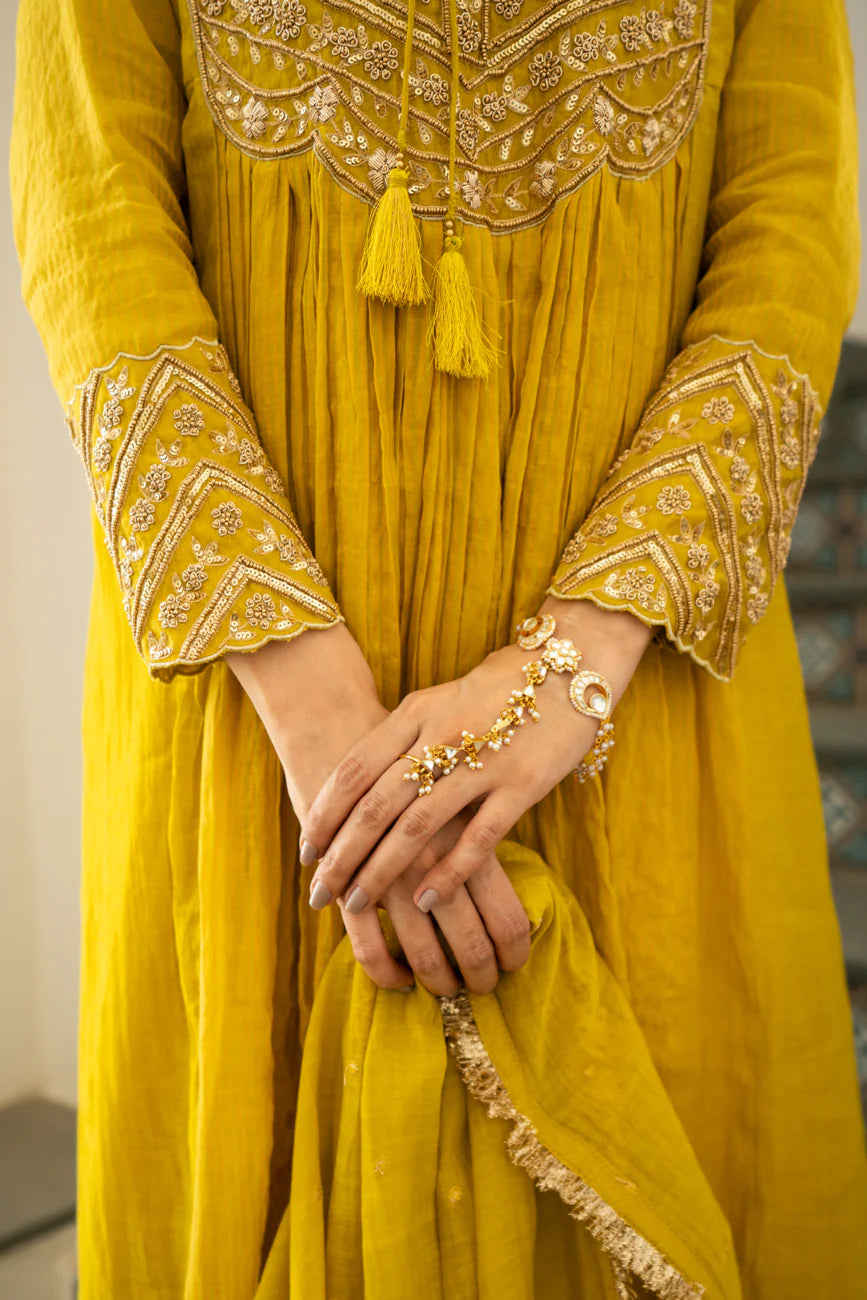 Lime mustard Tissue centre gathered A-line Kurta Set