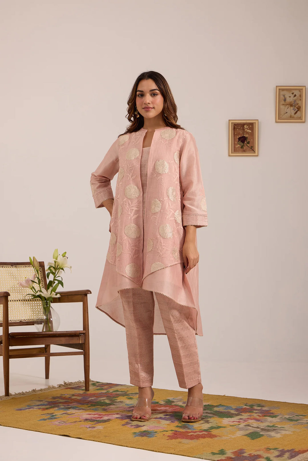 Light Pink High-Low Tissue Embroidered Chanderi Jacket Set with Tissue Inner and Pants