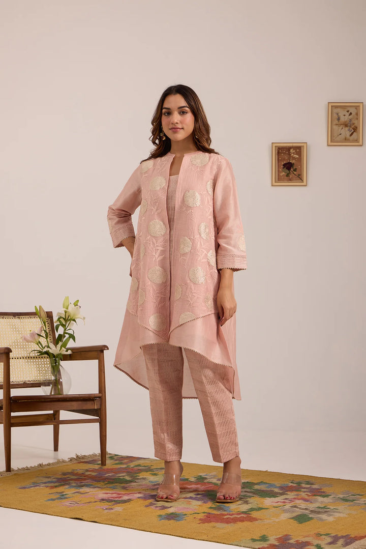 Light Pink High-Low Tissue Embroidered Chanderi Jacket Set with Tissue Inner and Pants
