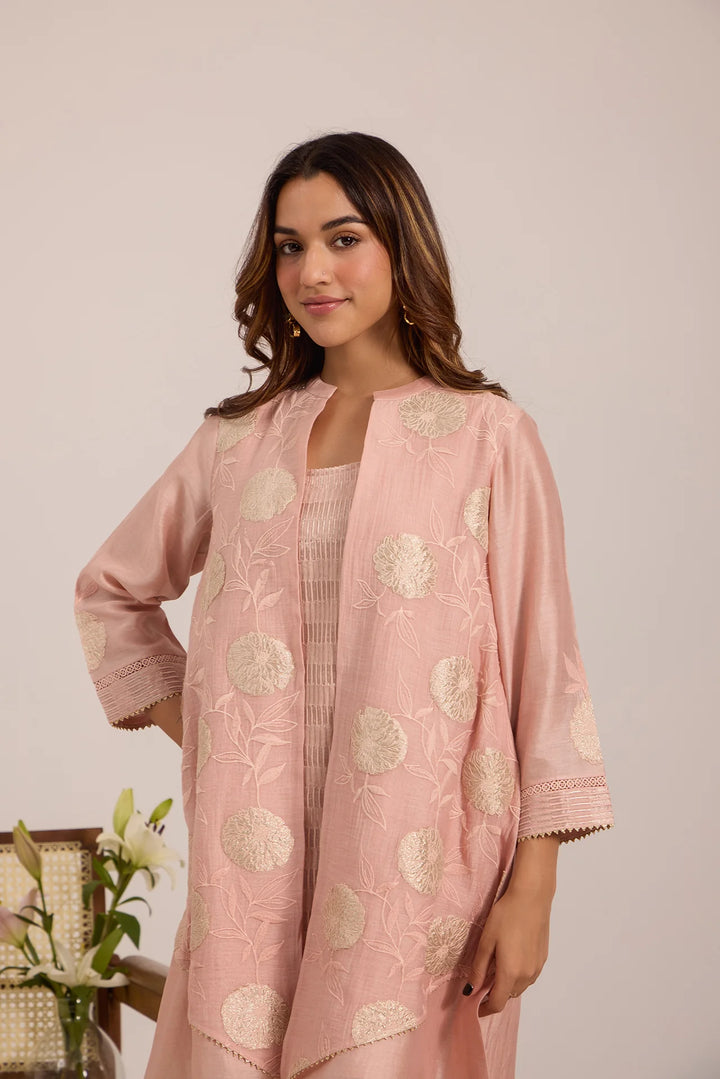 Light Pink High-Low Tissue Embroidered Chanderi Jacket Set with Tissue Inner and Pants