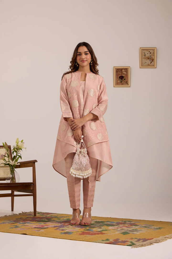 Light Pink High-Low Tissue Embroidered Chanderi Jacket Set with Tissue Inner and Pants