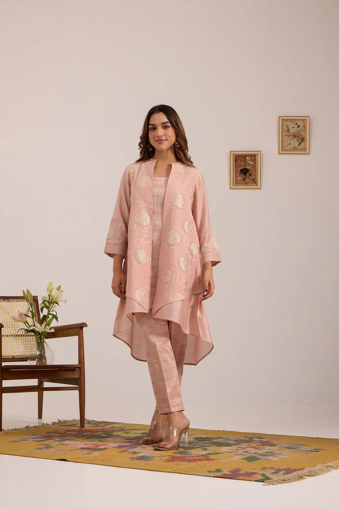 Light Pink High-Low Tissue Embroidered Chanderi Jacket Set with Tissue Inner and Pants