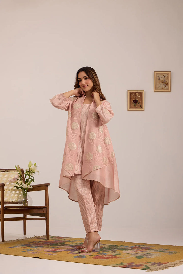 Light Pink High-Low Tissue Embroidered Chanderi Jacket Set with Tissue Inner and Pants