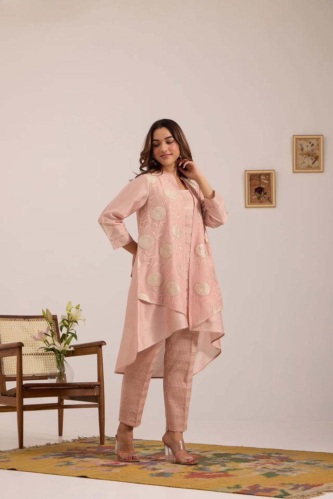 Light Pink High-Low Tissue Embroidered Chanderi Jacket Set with Tissue Inner and Pants
