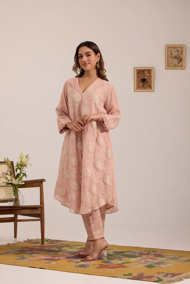 Light-Pink Tissue Patch Floral Embroidered Chanderi Kurta Set