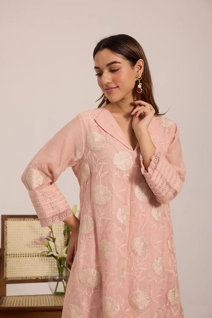 Light-Pink Tissue Patch Floral Embroidered Chanderi Kurta Set