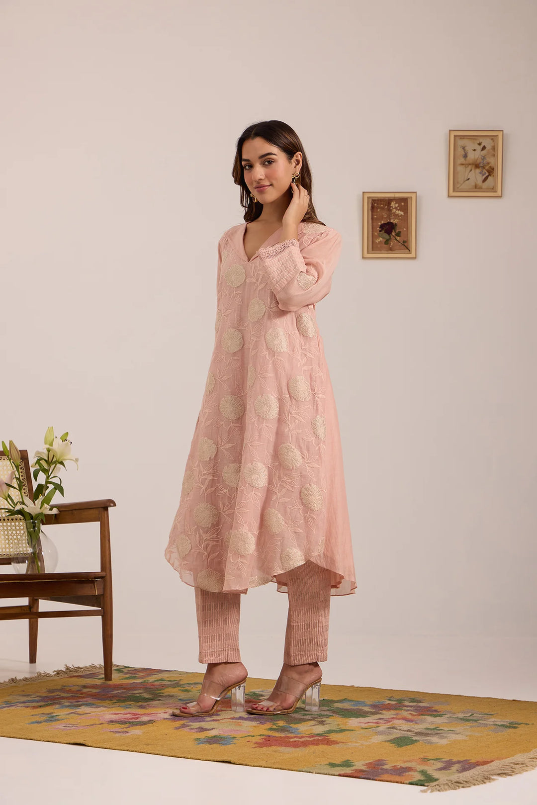 Light-Pink Tissue Patch Floral Embroidered Chanderi Kurta Set