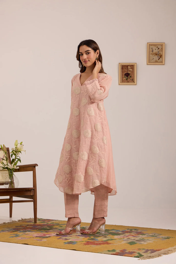 Light-Pink Tissue Patch Floral Embroidered Chanderi Kurta Set