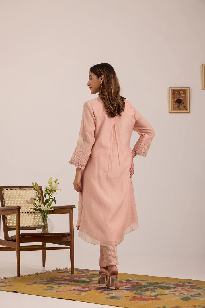 Light-Pink Tissue Patch Floral Embroidered Chanderi Kurta Set