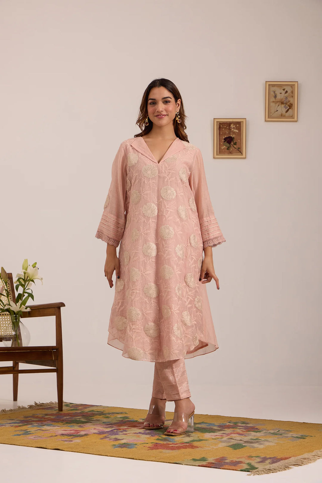 Light-Pink Tissue Patch Floral Embroidered Chanderi Kurta Set