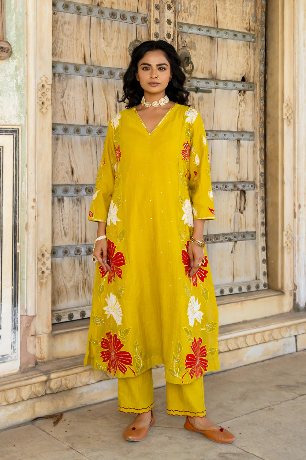 Mustard Appliqué Floral A-line Kurta Set