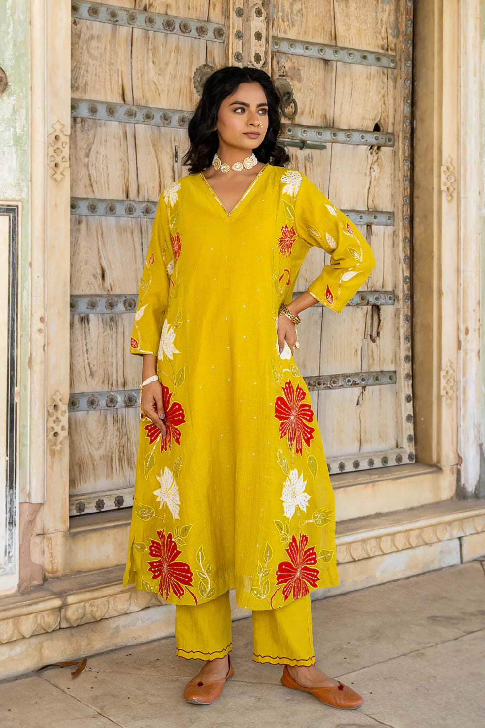Mustard Appliqué Floral A-line Kurta Set