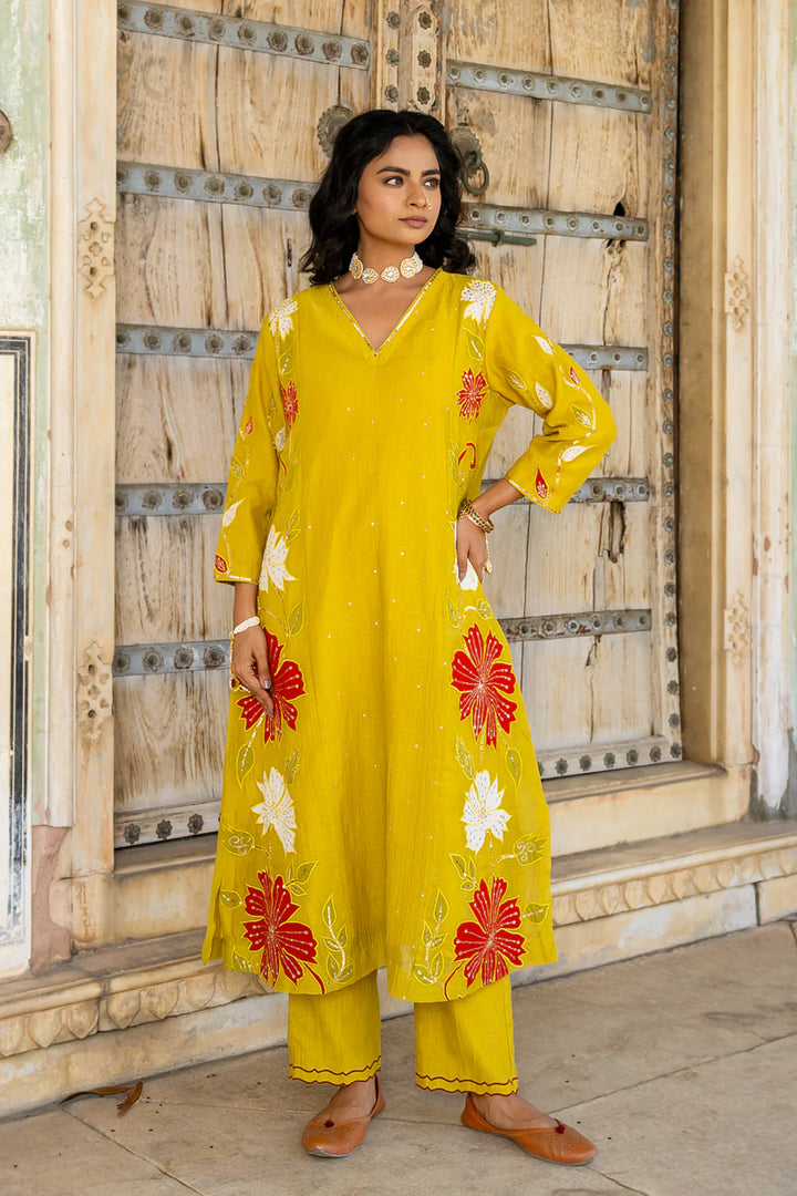 Mustard Appliqué Floral A-line Kurta Set