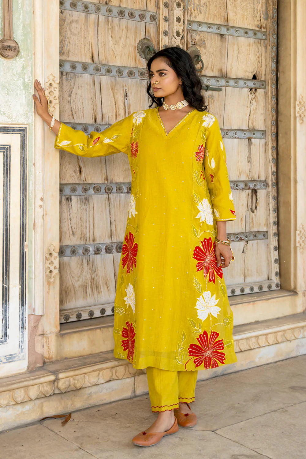 Mustard Appliqué Floral A-line Kurta Set