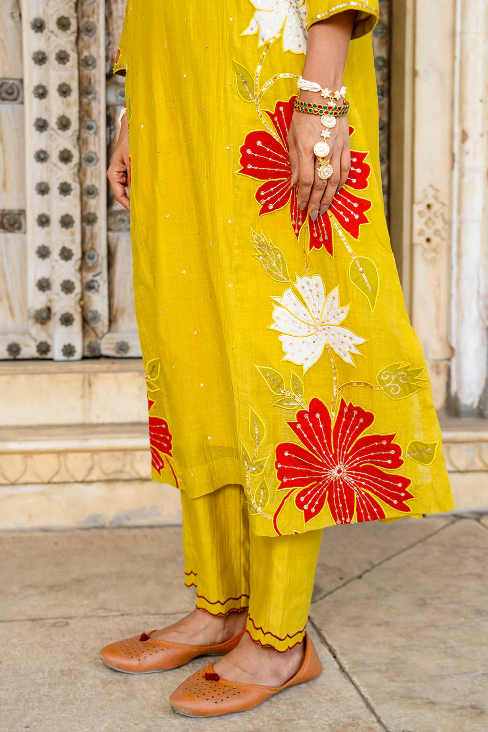 Mustard Appliqué Floral A-line Kurta Set