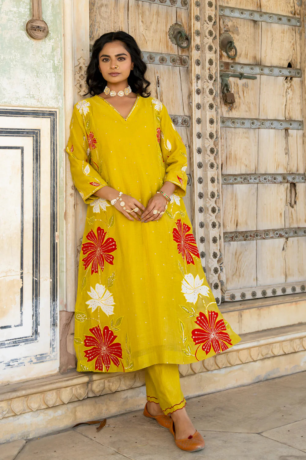 Mustard Appliqué Floral A-line Kurta Set