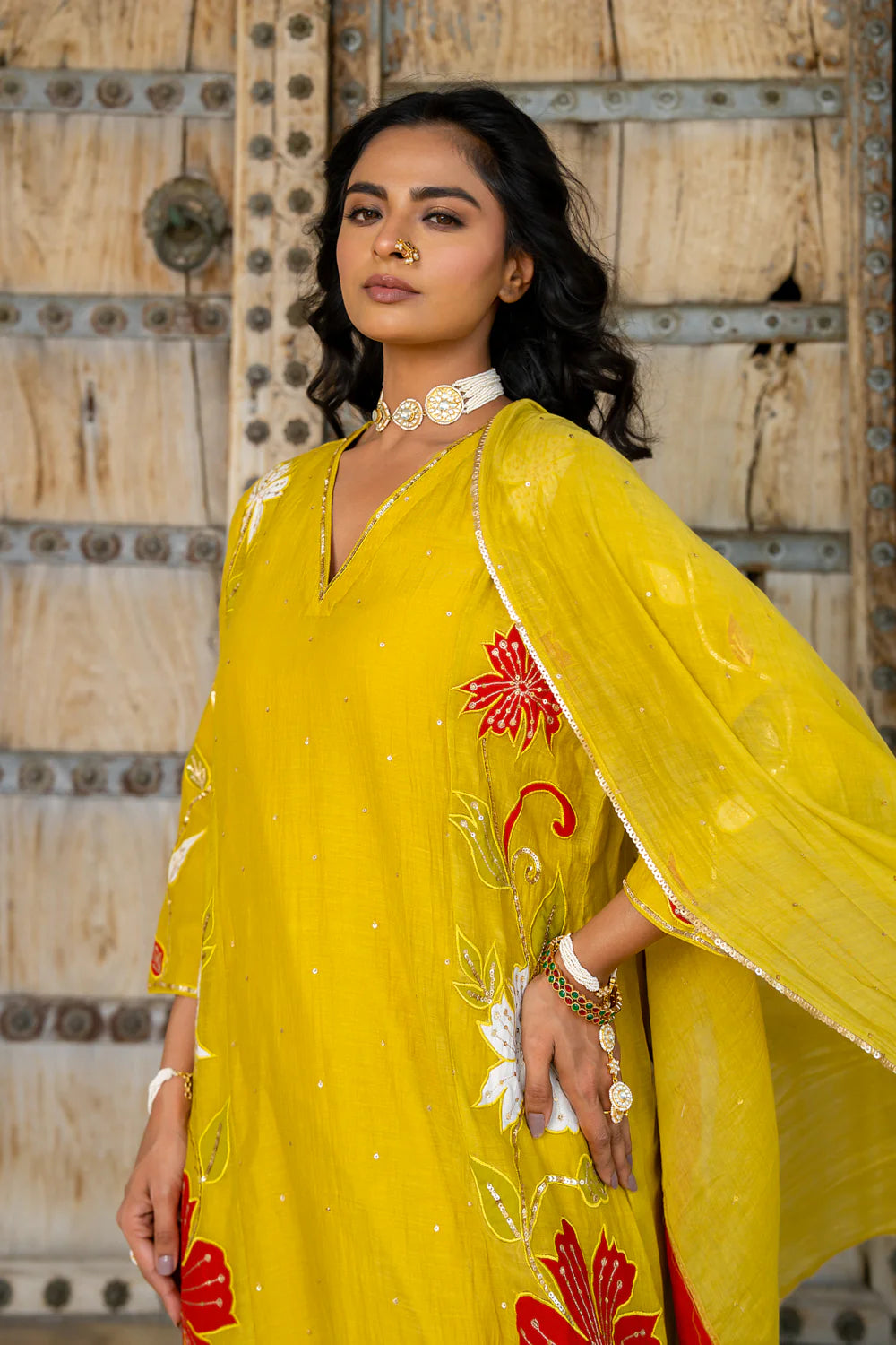 Mustard Appliqué Floral A-line Kurta Set