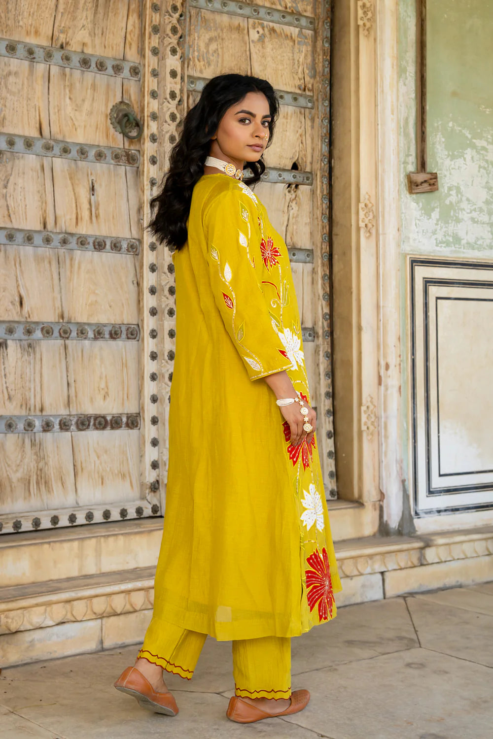 Mustard Appliqué Floral A-line Kurta Set