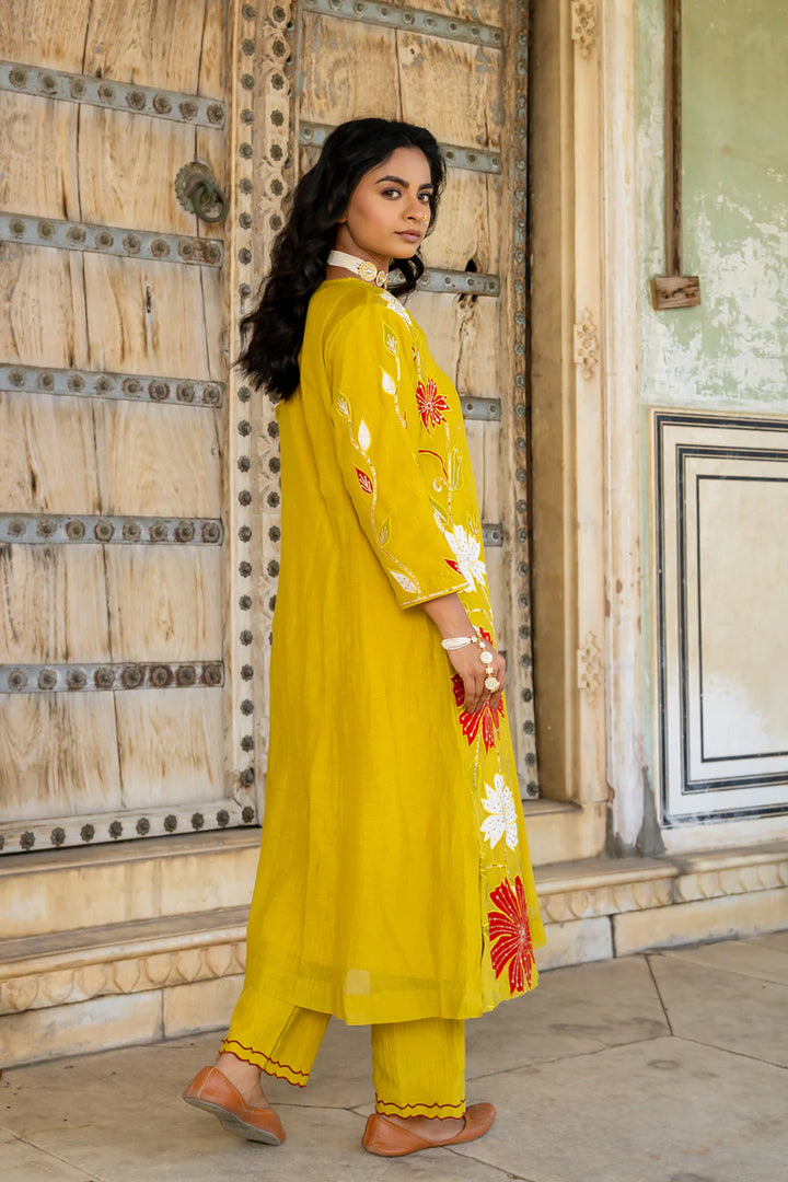 Mustard Appliqué Floral A-line Kurta Set