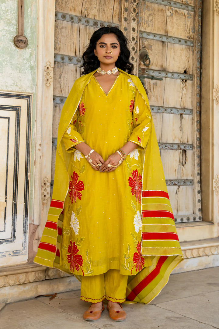 Mustard Appliqué Floral A-line Kurta Set