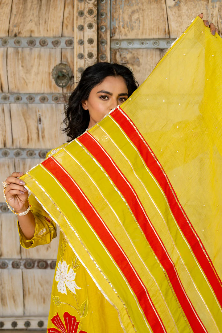 Mustard Appliqué Floral A-line Kurta Set