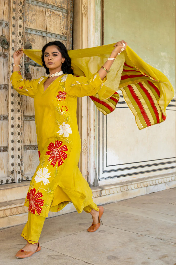 Mustard Appliqué Floral A-line Kurta Set