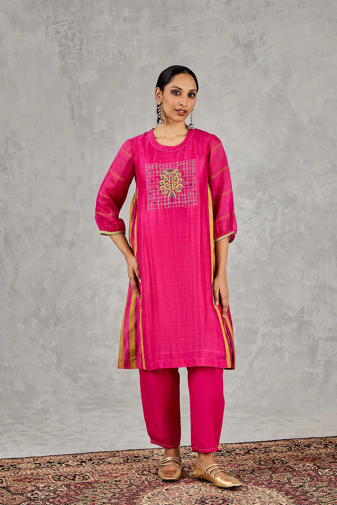 Hot Pink Tree Embroidery Kurta Set