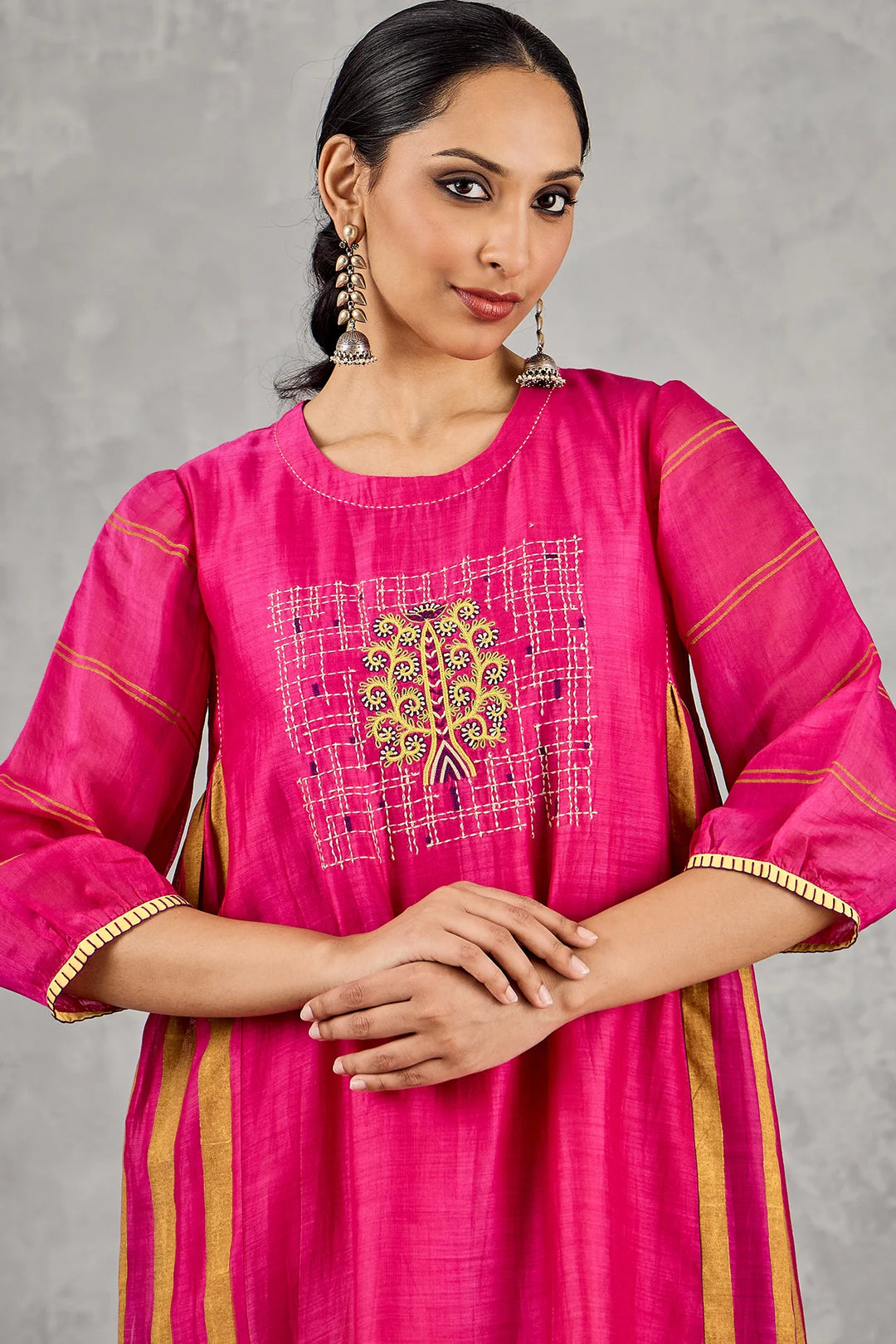 Hot Pink Tree Embroidery Kurta Set