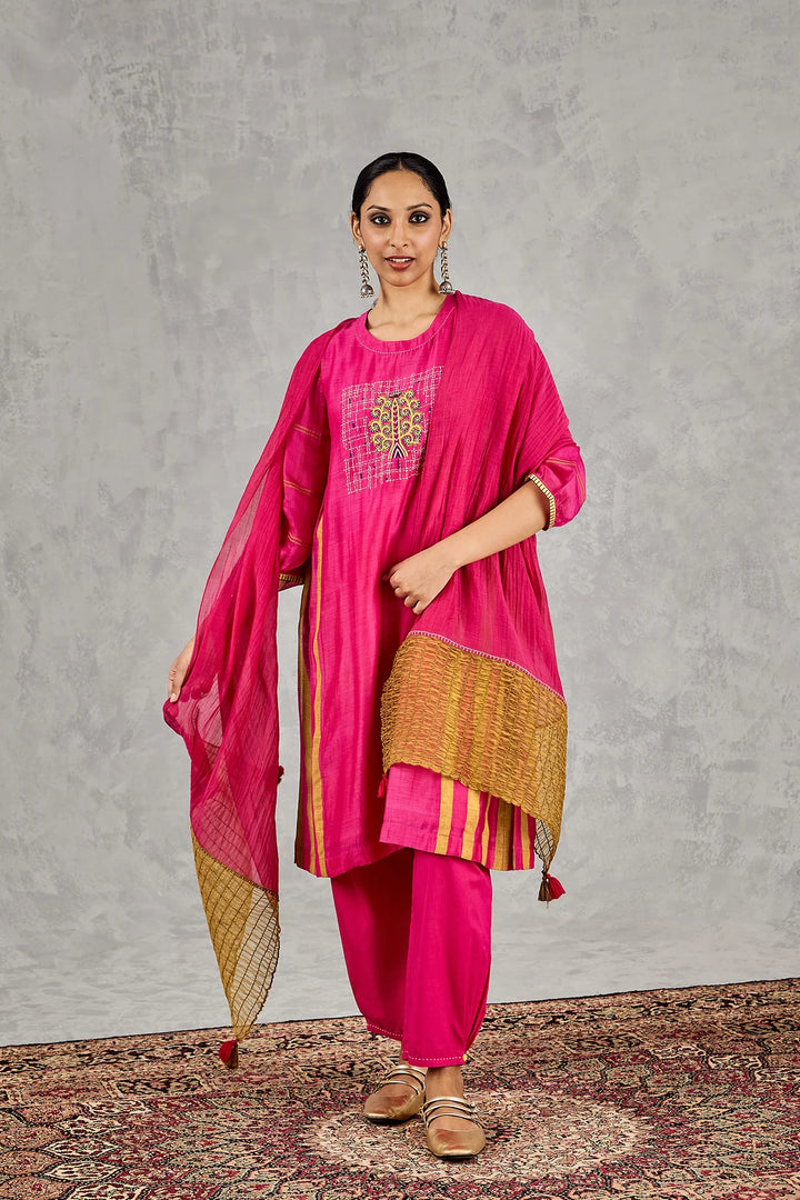 Hot Pink Tree Embroidery Kurta Set