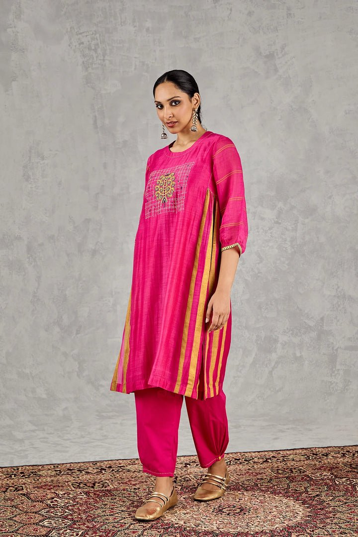 Hot Pink Tree Embroidery Kurta Set