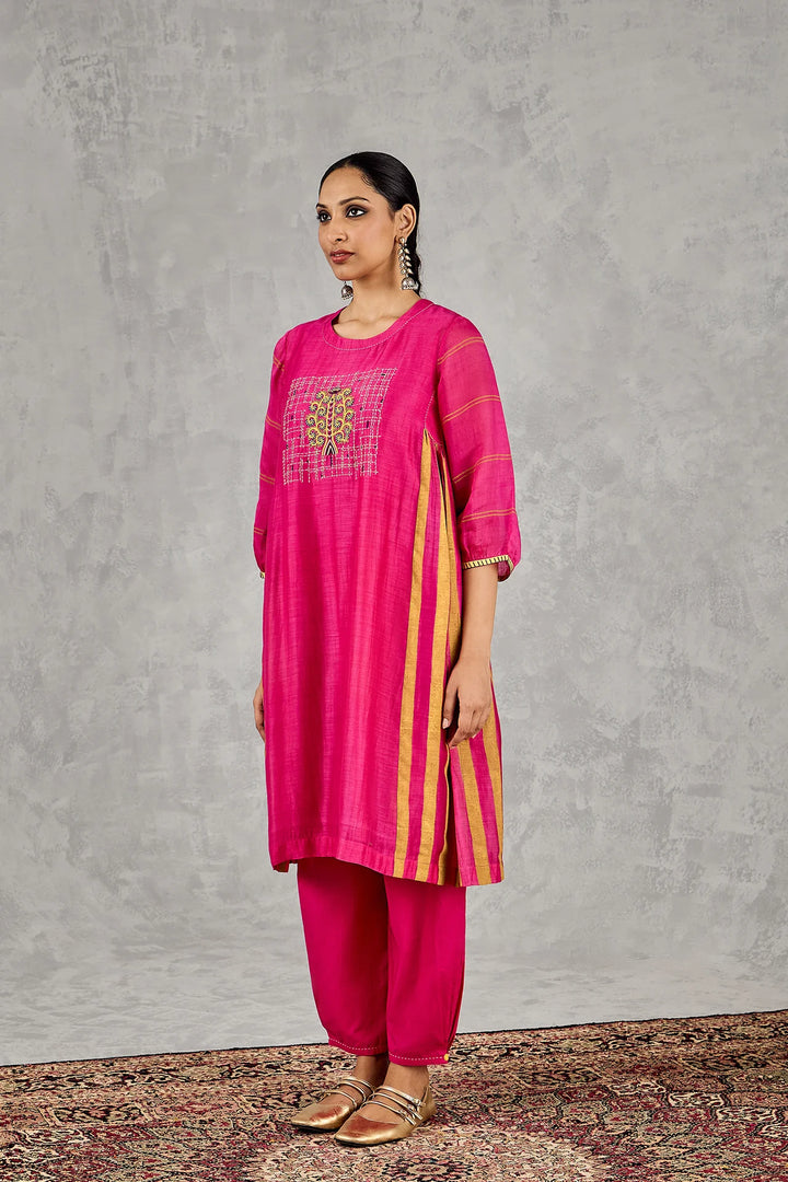 Hot Pink Tree Embroidery Kurta Set