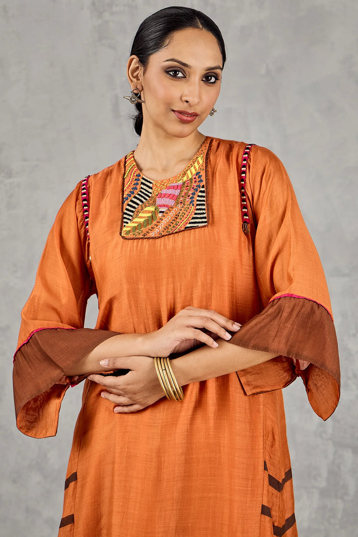 Burnt Orange Short Abstract Embroidery Yoke Kurta Set