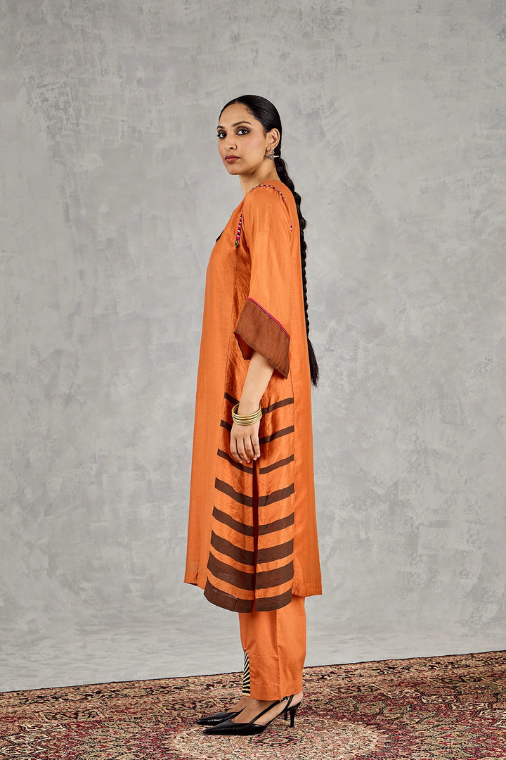 Burnt Orange Short Abstract Embroidery Yoke Kurta Set