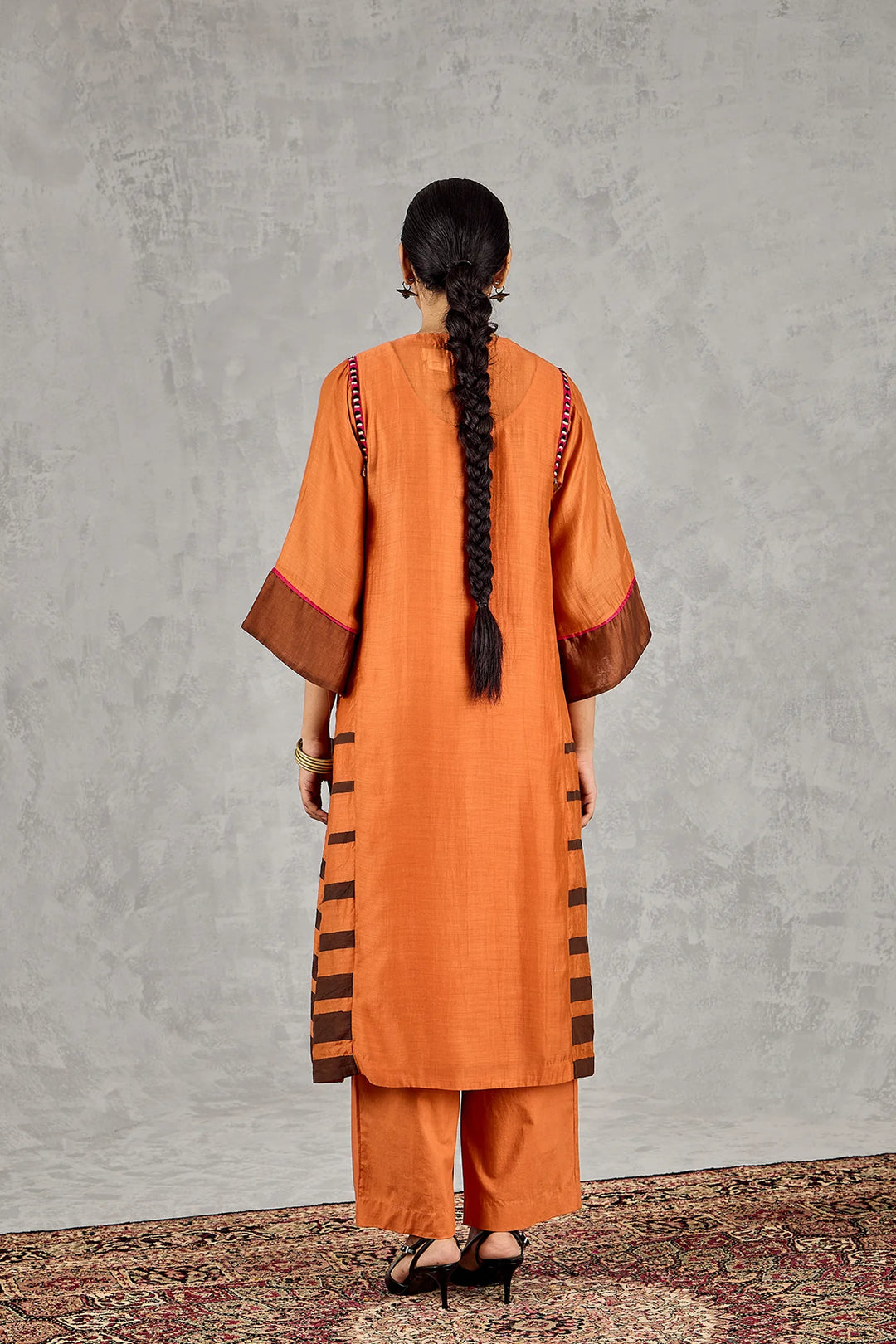 Burnt Orange Short Abstract Embroidery Yoke Kurta Set
