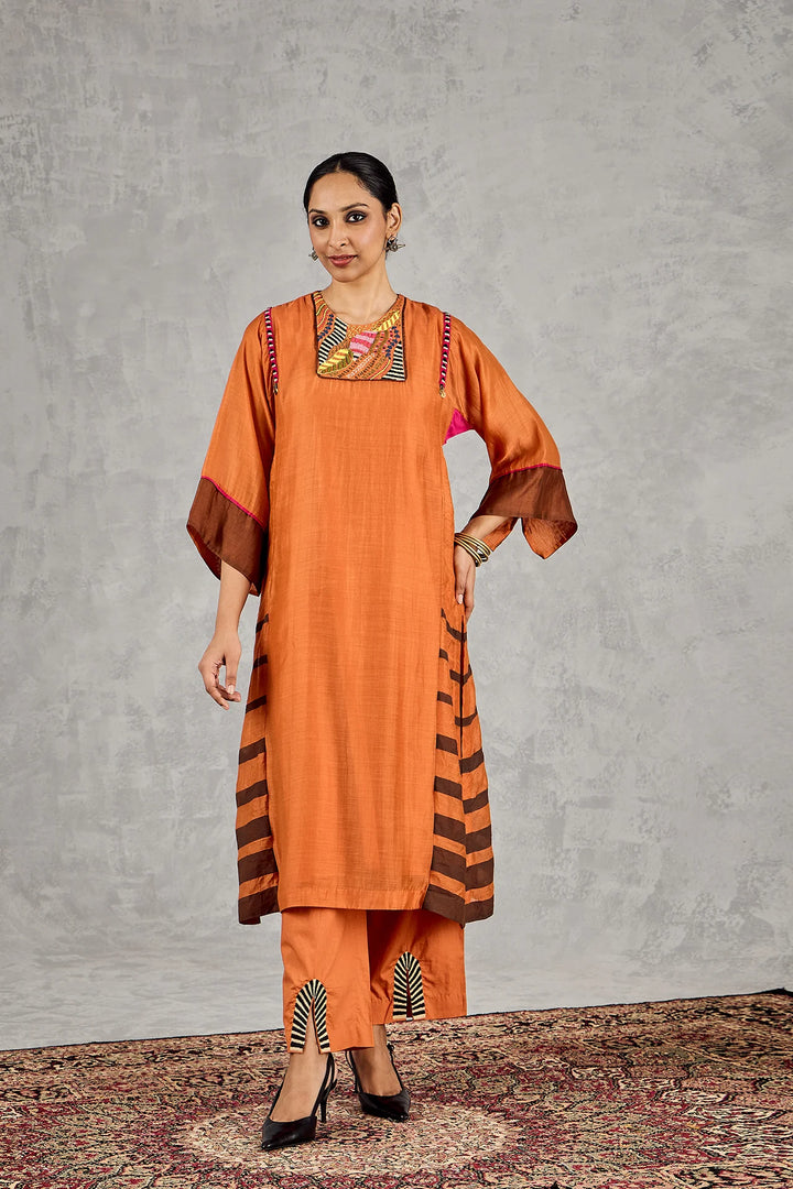 Burnt Orange Short Abstract Embroidery Yoke Kurta Set