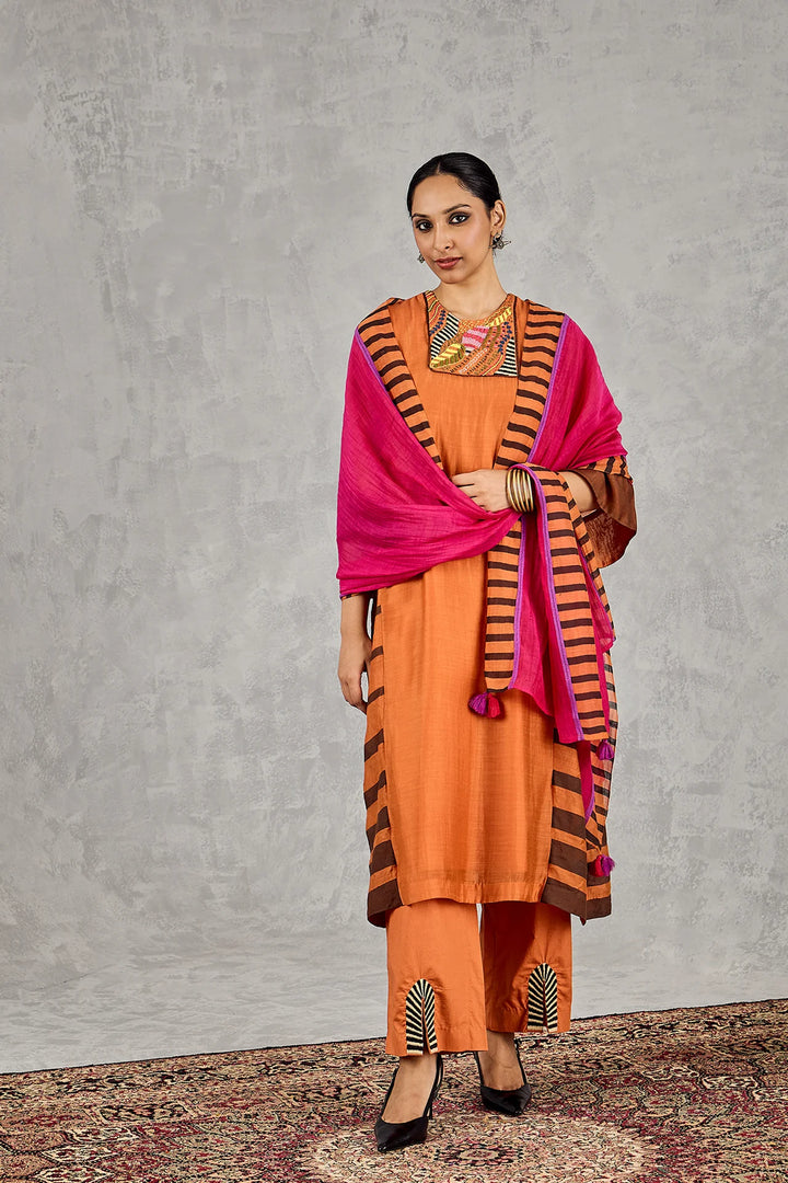 Burnt Orange Short Abstract Embroidery Yoke Kurta Set