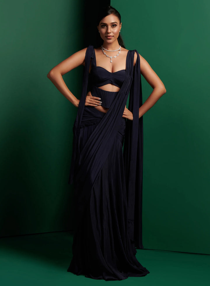 Midnight Blue Cutout corset with gathered drape saree