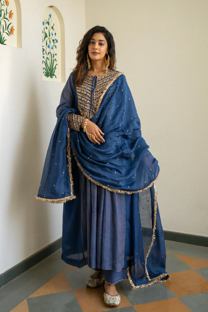 Mid night blue Tissue centre gathered A-line Kurta Set