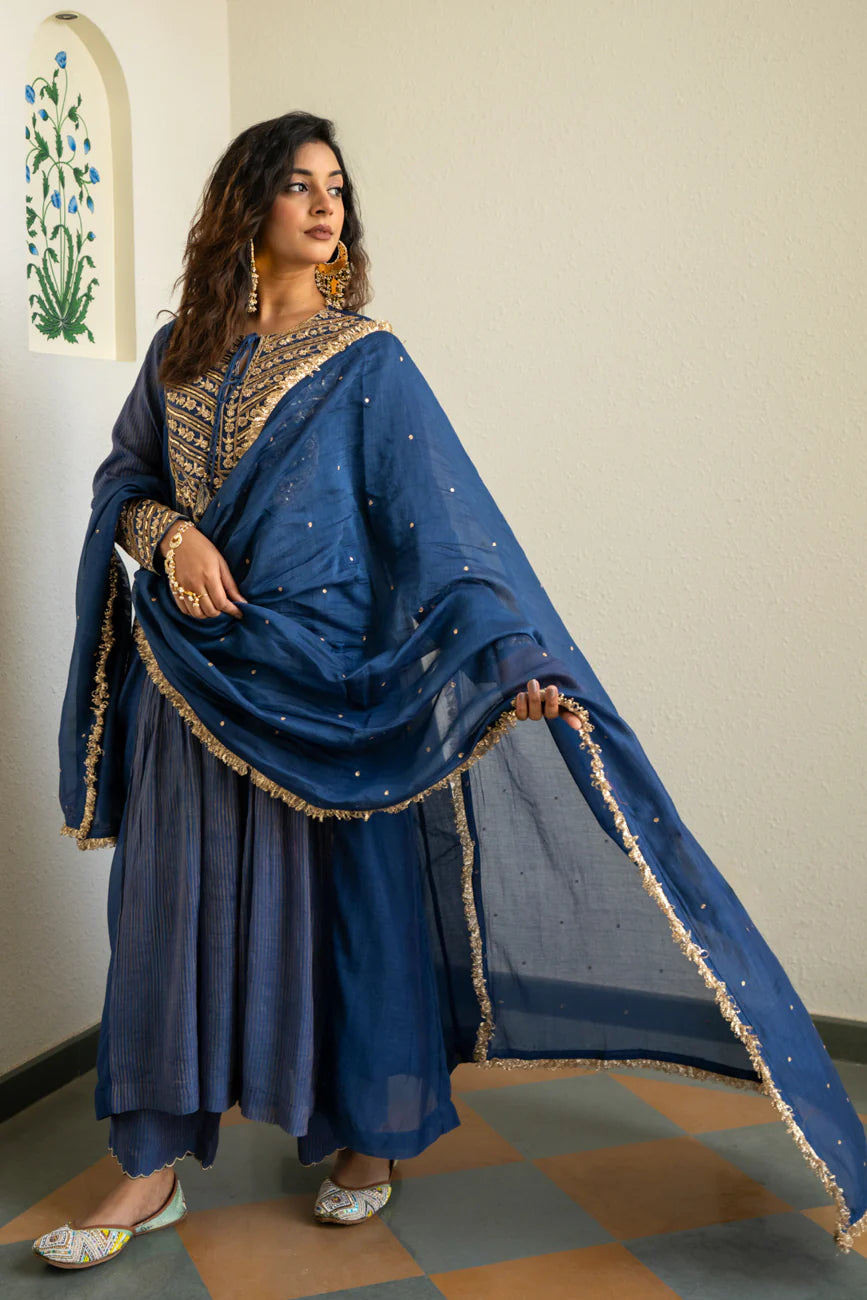 Mid night blue Tissue centre gathered A-line Kurta Set