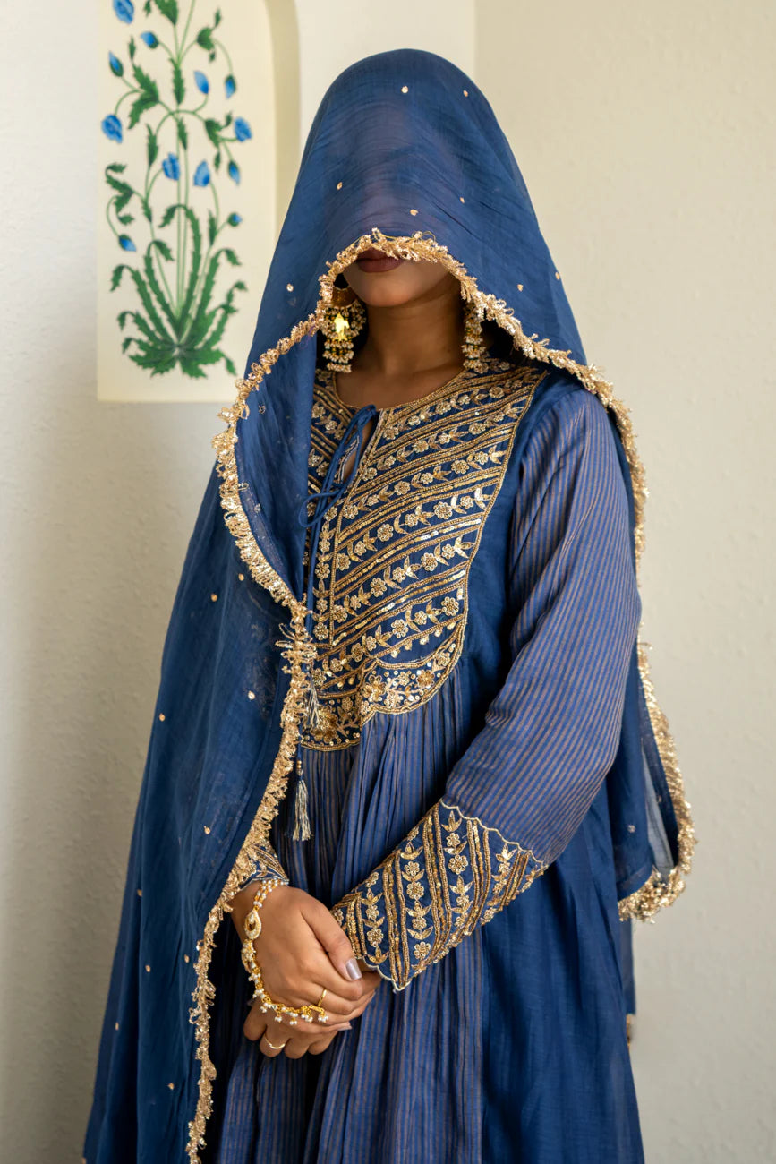 Mid night blue Tissue centre gathered A-line Kurta Set