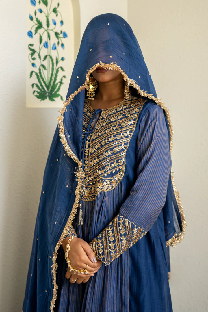 Mid night blue Tissue centre gathered A-line Kurta Set